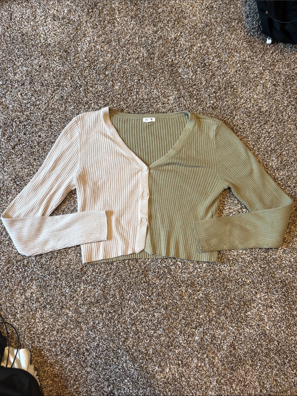 Two-Tone Ribbed Cropped Cardigan - Beige & Olive Garage Brand
